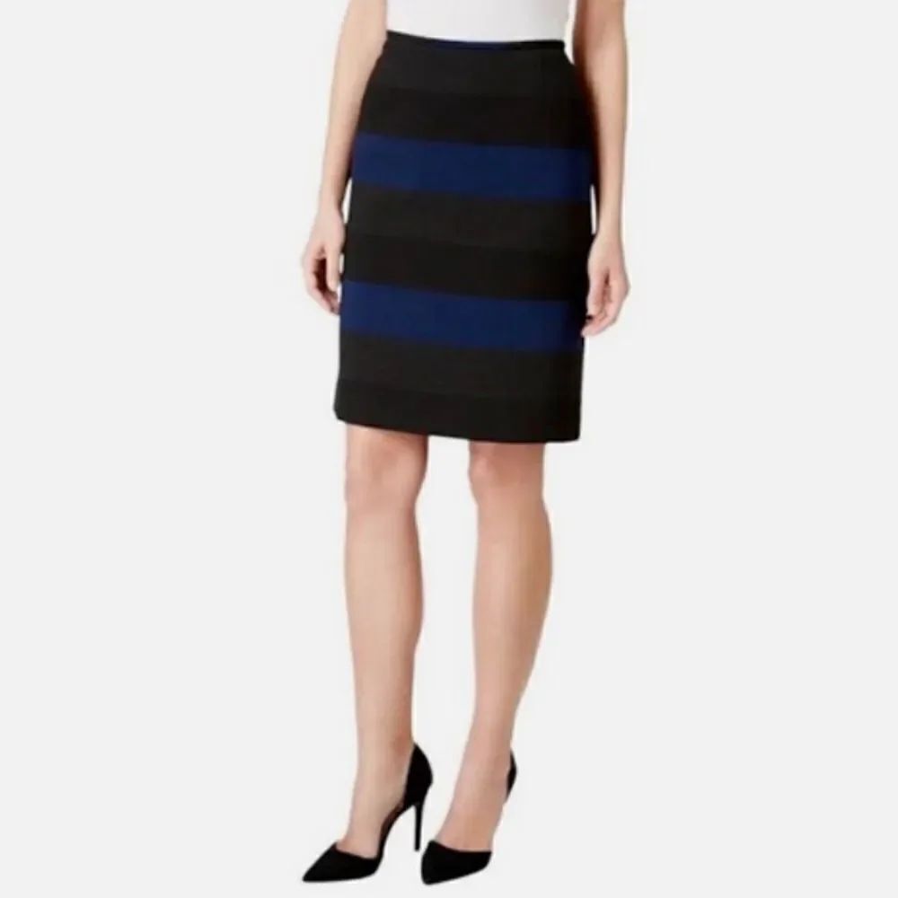 Tahari Blue Gray Black Horizontal Stripe Career Pencil Skirt